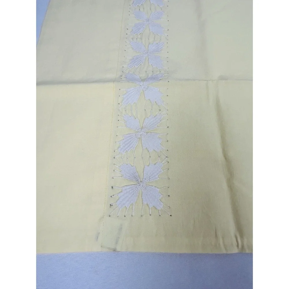 Vintage Cross Stitched Pillowcase Yellow w/White Stitching 33 x 21
